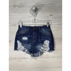 Fashion Nova Shorts Womens Small Dark Denim Distressed Frayed High Rise Cutoff